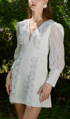 Elegant White Lace Puff Sleeve Mini Dress