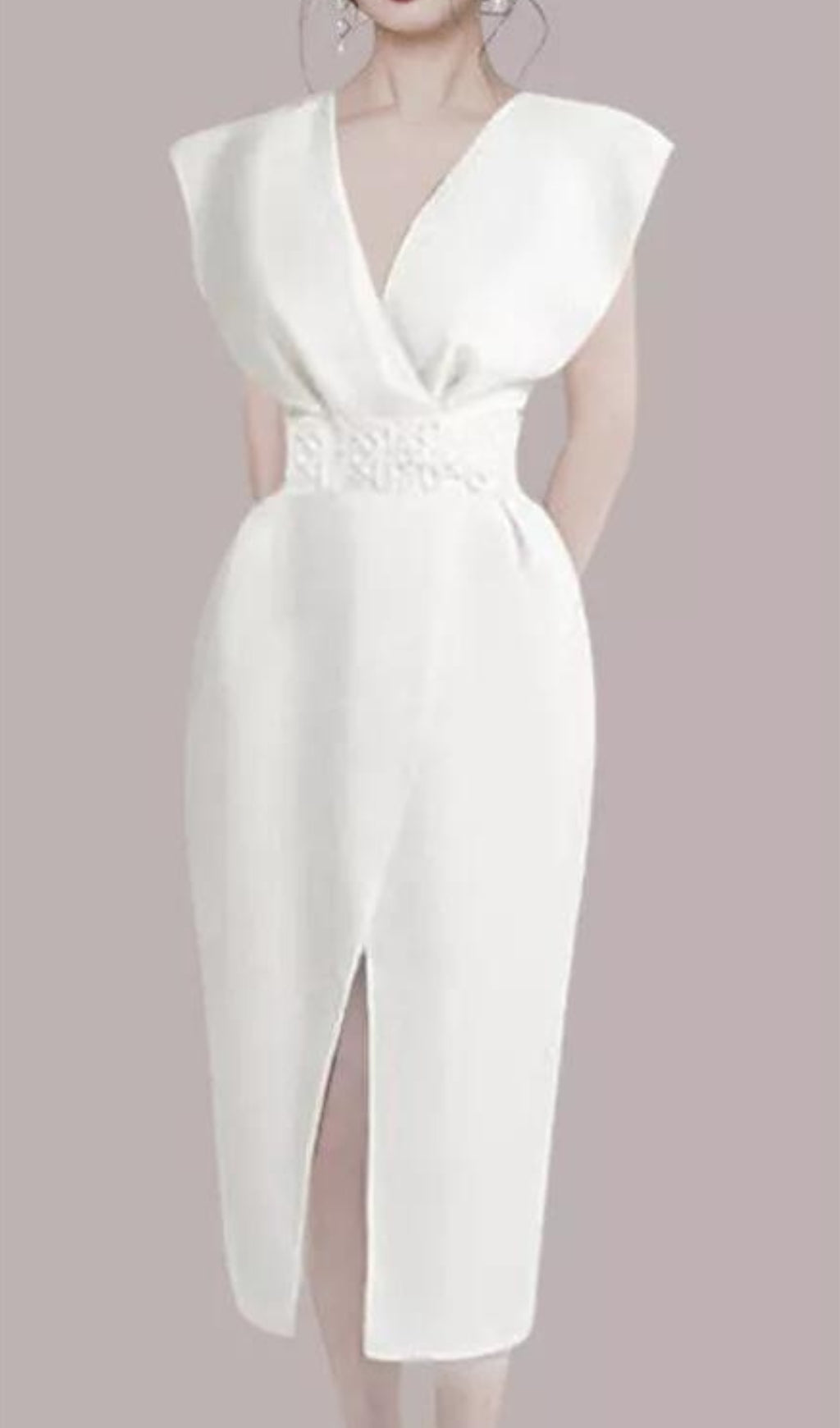 Bogda Elegant V-Neck White Midi Dress with Embellished Waist & Slit