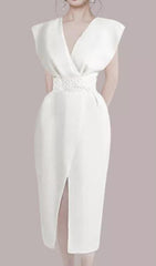 Bogda Elegant V-Neck White Midi Dress with Embellished Waist & Slit