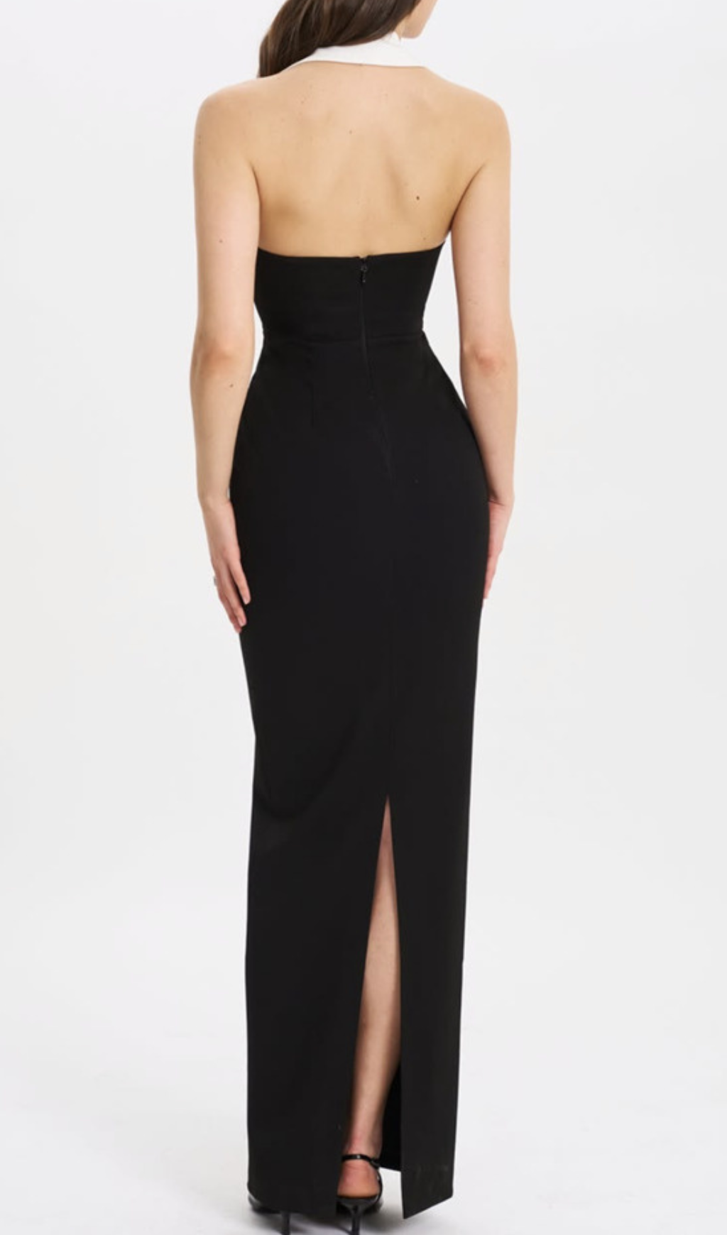 Gaetane Black Halter Maxi Dress with White Collar