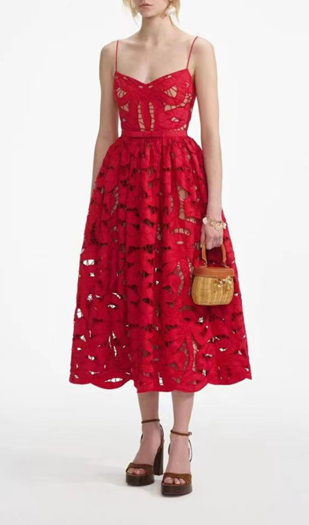 Fay Red Cutout Embroidery Strappy Midi Dress