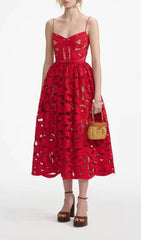 Fay Red Cutout Embroidery Strappy Midi Dress