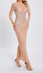 Dazzling Nude Crystal Mesh Maxi Dress