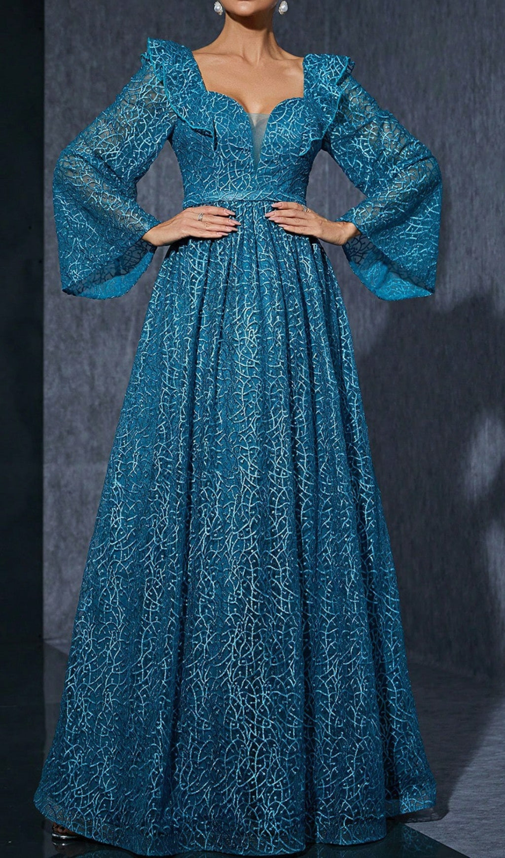 Divya Blue Shimmer Lace V-Neck Maxi Dress