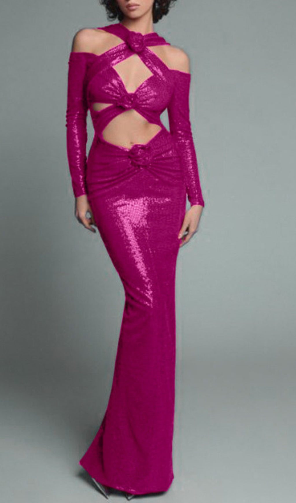 Benigno Show-Stopping Fuchsia Sequin Halter Cutout Maxi Dress