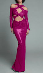 Benigno Show-Stopping Fuchsia Sequin Halter Cutout Maxi Dress