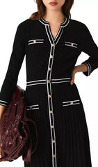 Jemarie Chic Black Knit Pleated Midi Dress with Contrast Trim