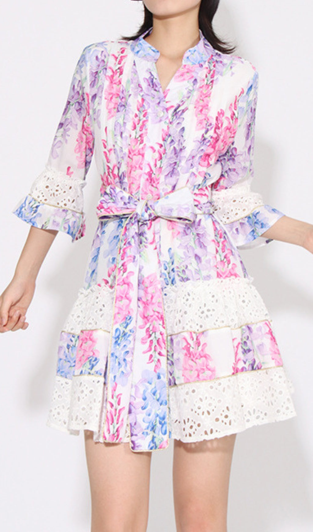 Erast Whimsical Wisteria Floral Tiered Mini Dress with Eyelet Lace Trim