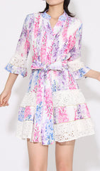 Erast Whimsical Wisteria Floral Tiered Mini Dress with Eyelet Lace Trim