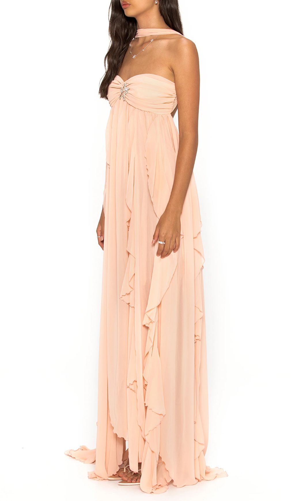 Frayne "Liquid Moonlight" Nude Pink Tiered Chiffon Maxi Dress