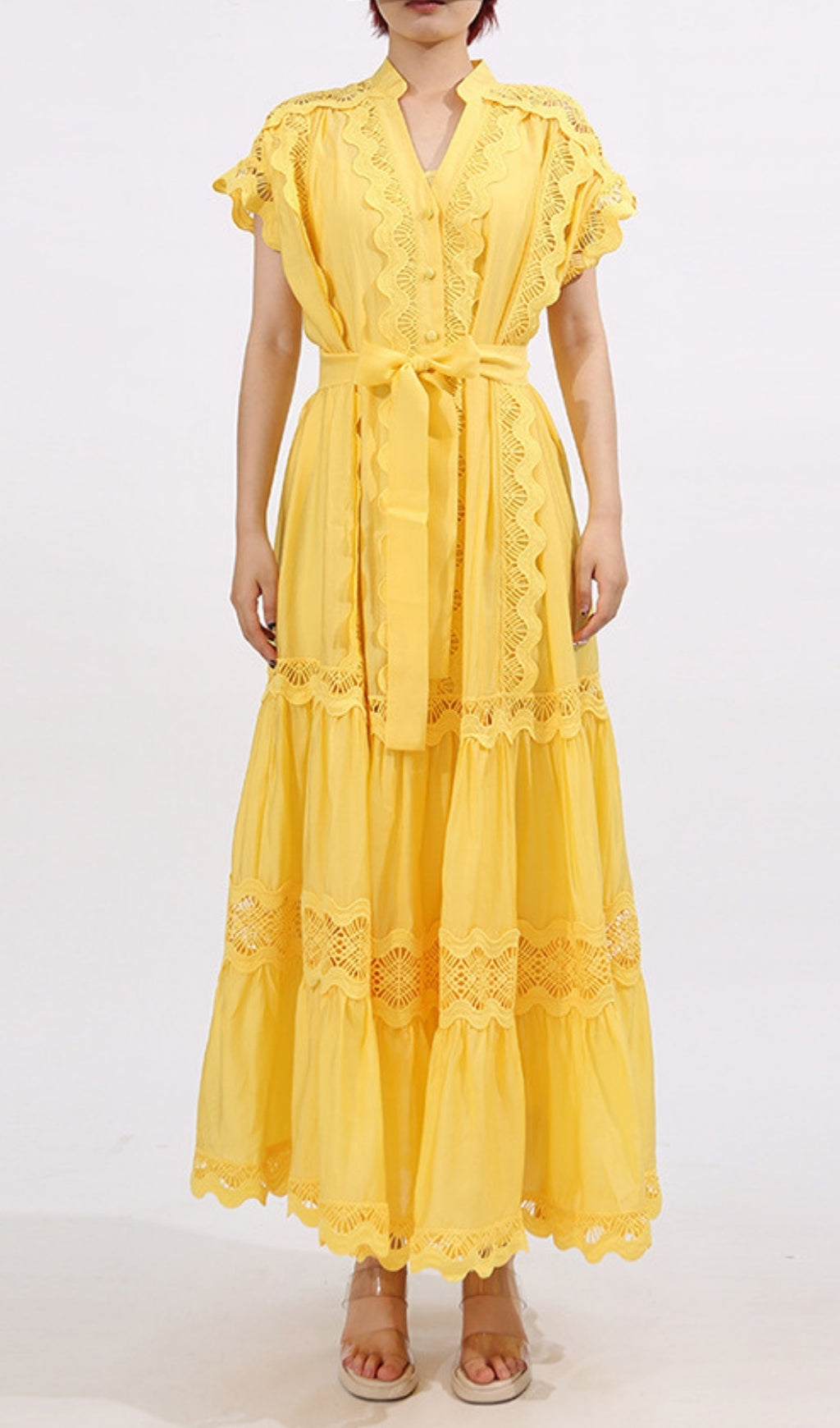 Fritzi Yellow Bohemian V-Neck Lace Tiered Maxi Dress for Women