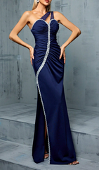 Genova Elegant Navy One-Shoulder Ruched Maxi Gown for Women