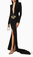 Ceana Black Deep-V Long Sleeve Maxi Dress
