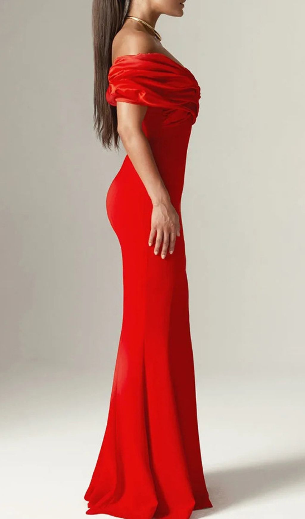 Jonilde Glamorous Red Off-Shoulder Maxi Dress with High Slit