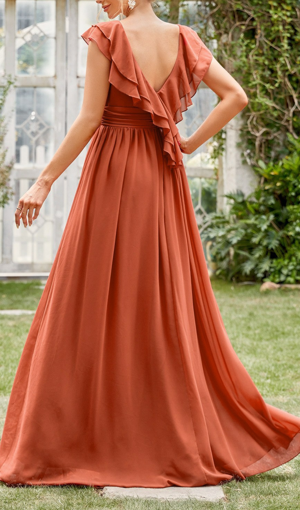 Gersemi Rust V-Neck Ruffle Maxi Dress