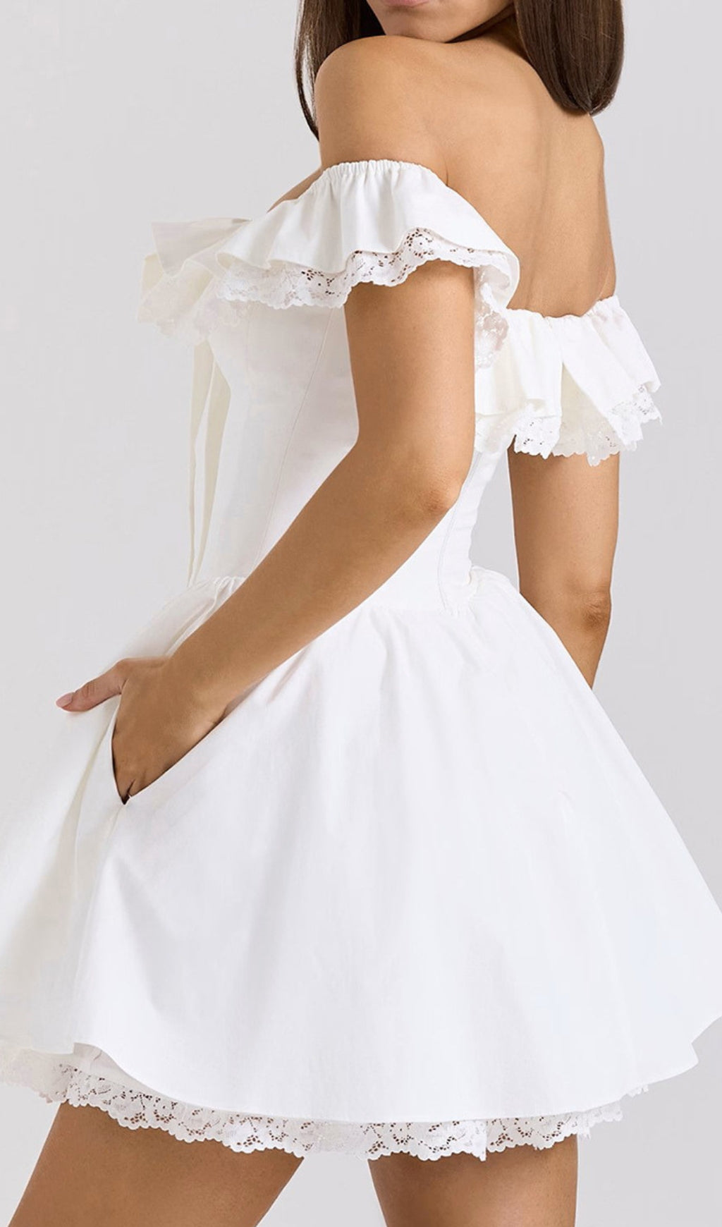 Devona Romantic White Off-Shoulder Bow Mini Dress with Lace Trim