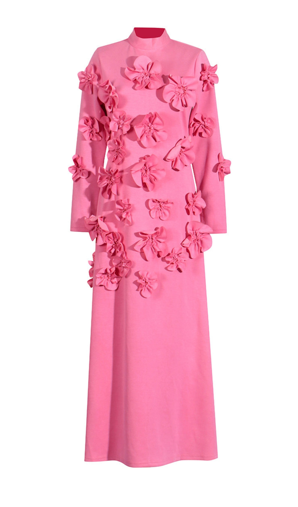 Bly Vibrant Pink 3D Floral Appliqu Long Sleeve Maxi Dress