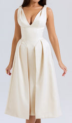 Dilanne Elegant Ivory V-Neck Midi Dress