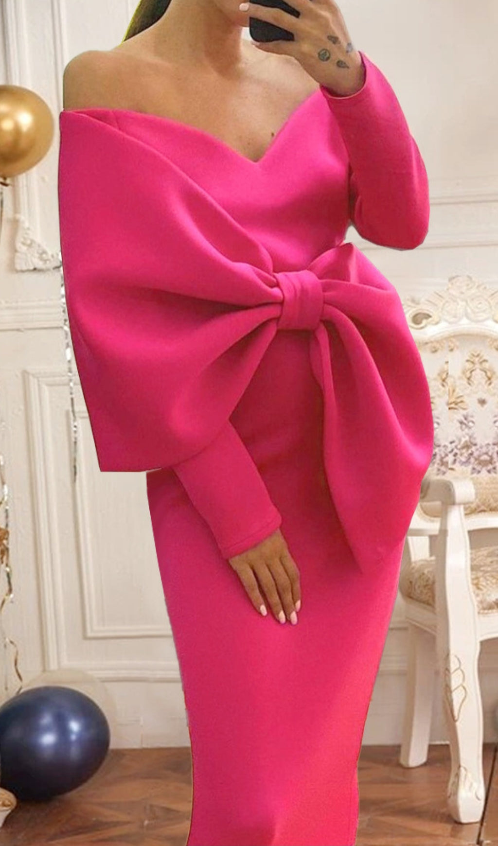 Chic Fuchsia Off-Shoulder Bow Midi Dress