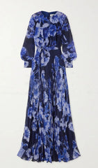 Hina Serene Blue Floral Pleated Long Sleeve Maxi Dress