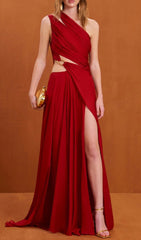 Show-Stopping Red One-Shoulder Ruched Cut-Out Maxi Dress