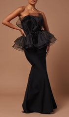 Cedrica Black Strapless Mesh Peplum Maxi Bandage Gown
