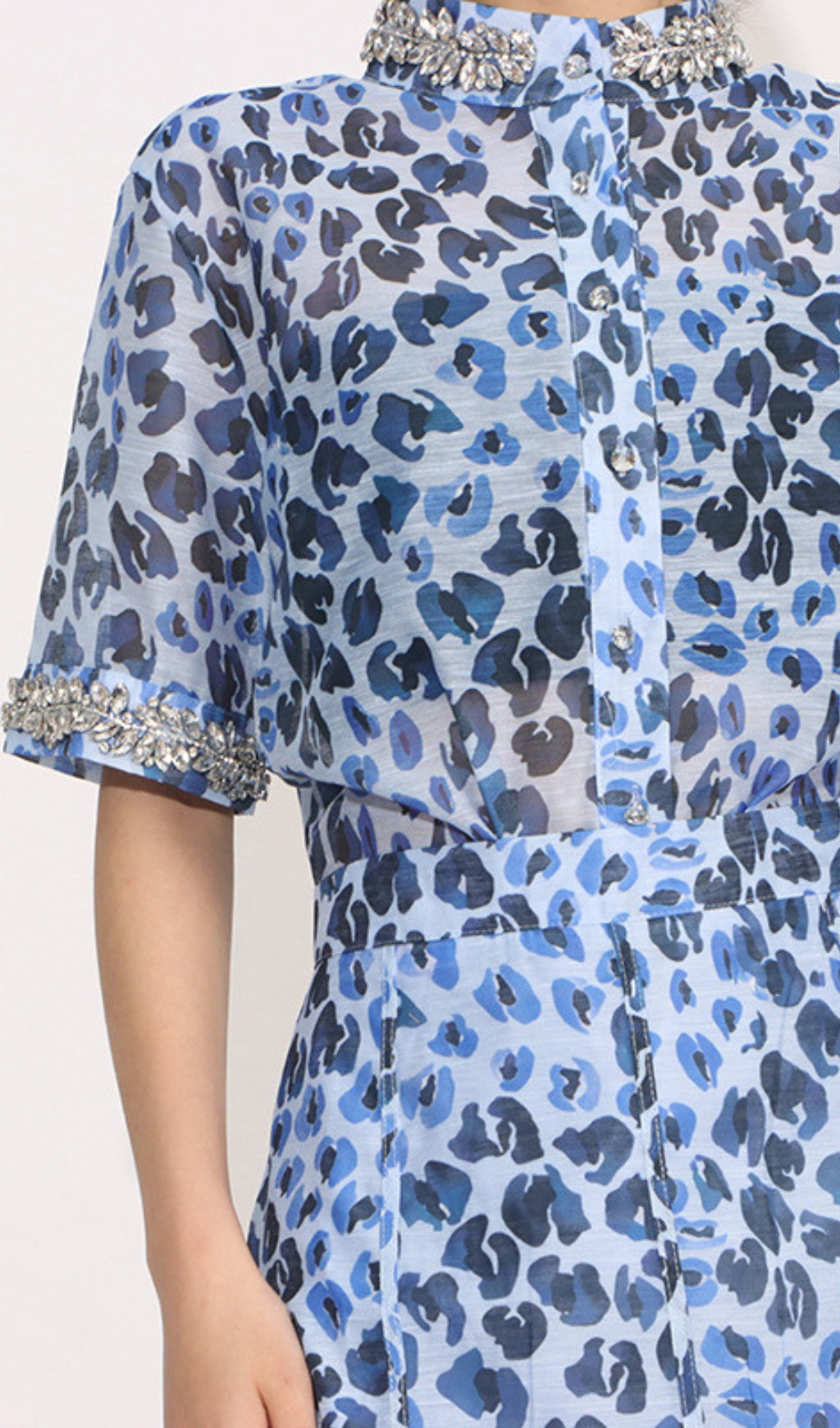 Dympna Chic Blue Leopard Print Embellished Midi Shirt Dress