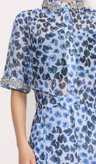 Dympna Chic Blue Leopard Print Embellished Midi Shirt Dress