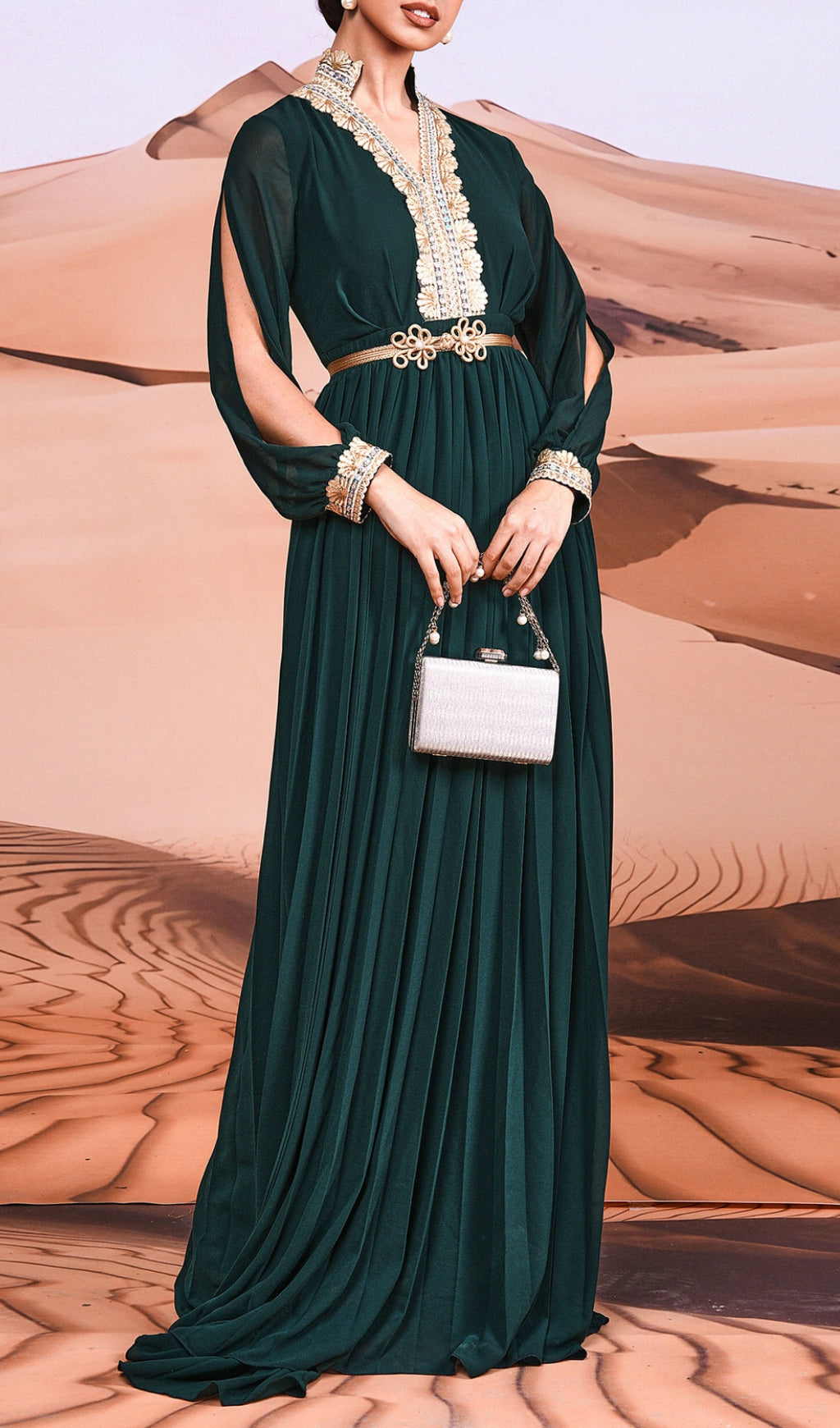 Croia Emerald Green Embroidered V-Neck Pleated Maxi Dress