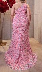 Heizle Pink Floral One-Shoulder Plus Size Maxi Dress with Ruffle Hem