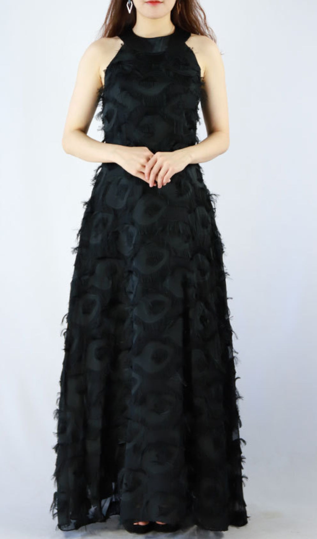 Devana Black Halter Neck Feather Tassel Maxi Gown