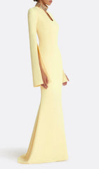 Ellema Dazzling Yellow Beaded Keyhole Long Sleeve Maxi Gown