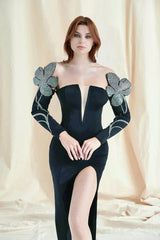 Stunning Black Crystal Embellished Plunge Maxi Gown