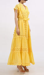 Fritzi Yellow Bohemian V-Neck Lace Tiered Maxi Dress for Women