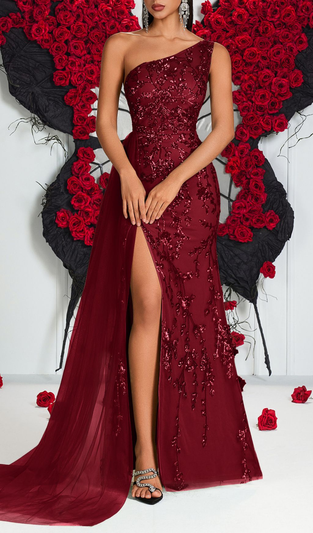 Jenne Glamorous One-Shoulder Sequin Mesh Maxi Gown with Slit