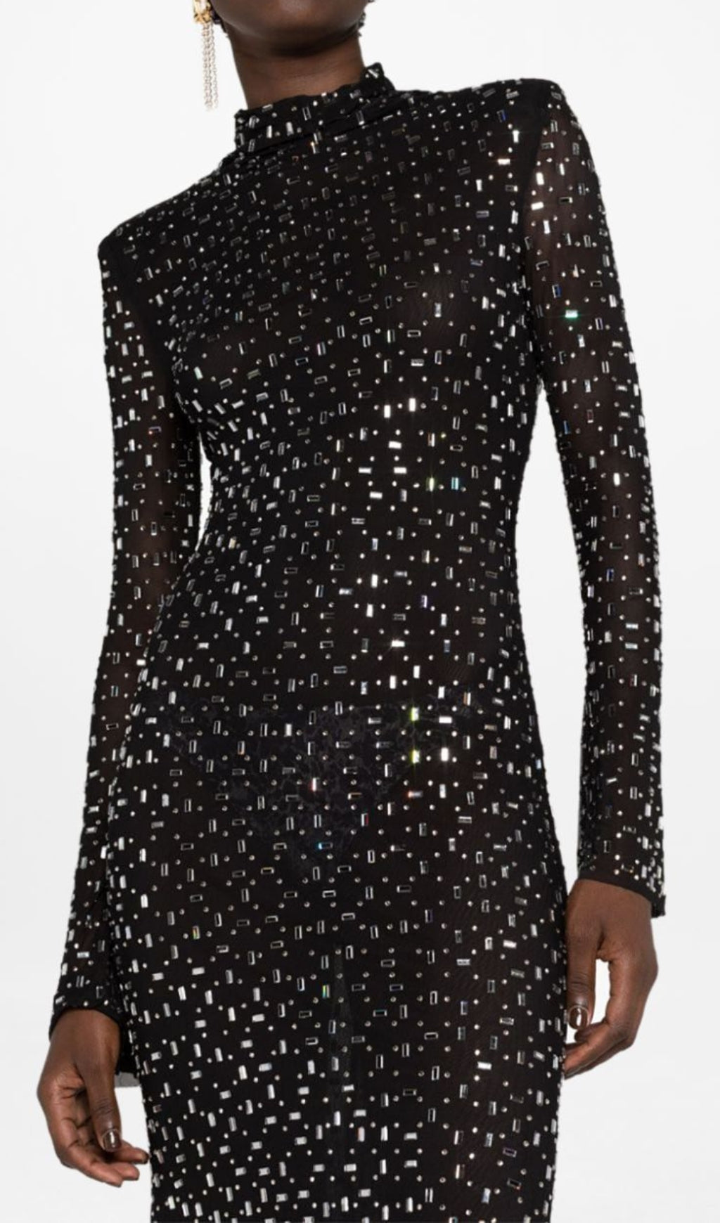 Butrus Dazzling Black Crystal Long Sleeve Maxi Dress