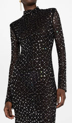 Butrus Dazzling Black Crystal Long Sleeve Maxi Dress
