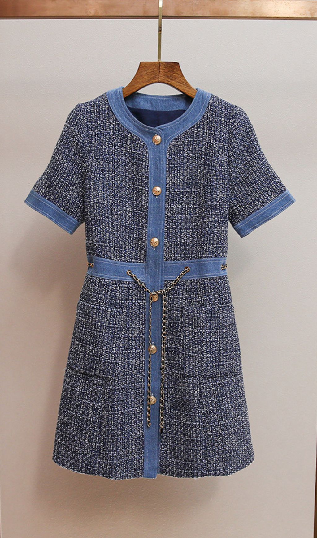 Chic Tweed & Denim Mini Dress with Gold Chain Accents