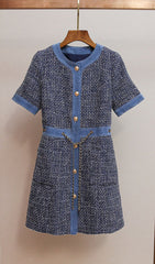 Chic Tweed & Denim Mini Dress with Gold Chain Accents