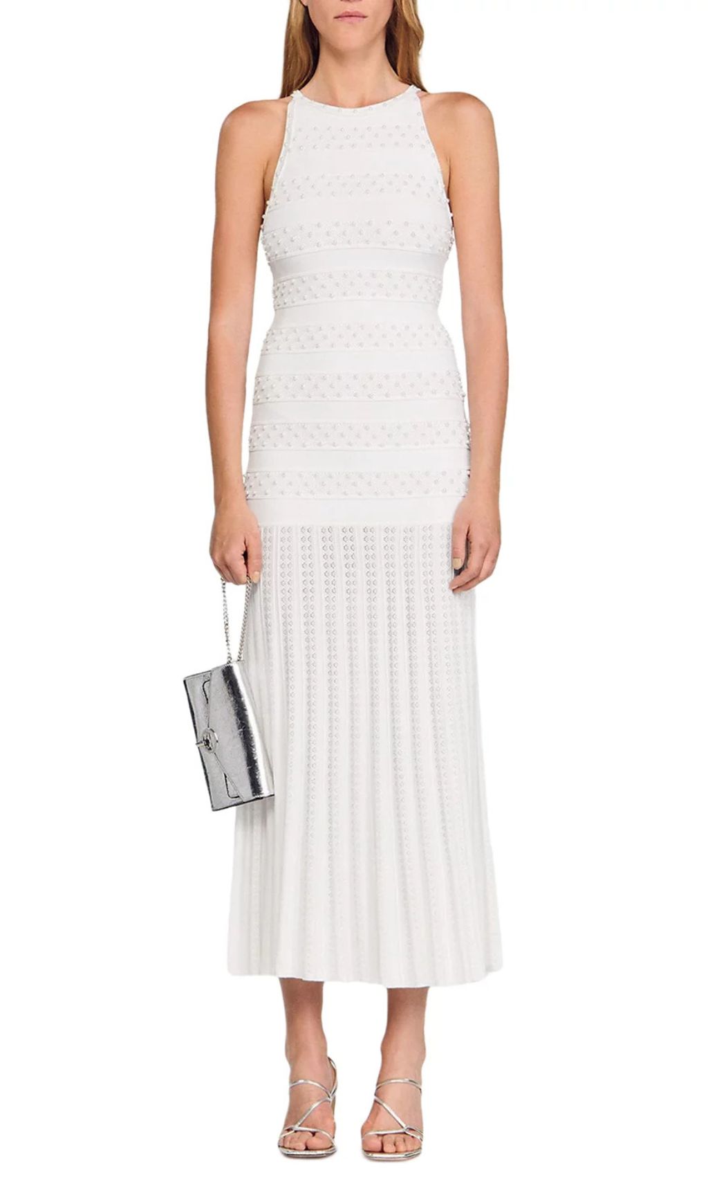 Elegant White Faux Pearl Beaded Midi Dress