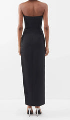 Glamorous Crystal Rose Embellished Black Strapless Maxi Gown