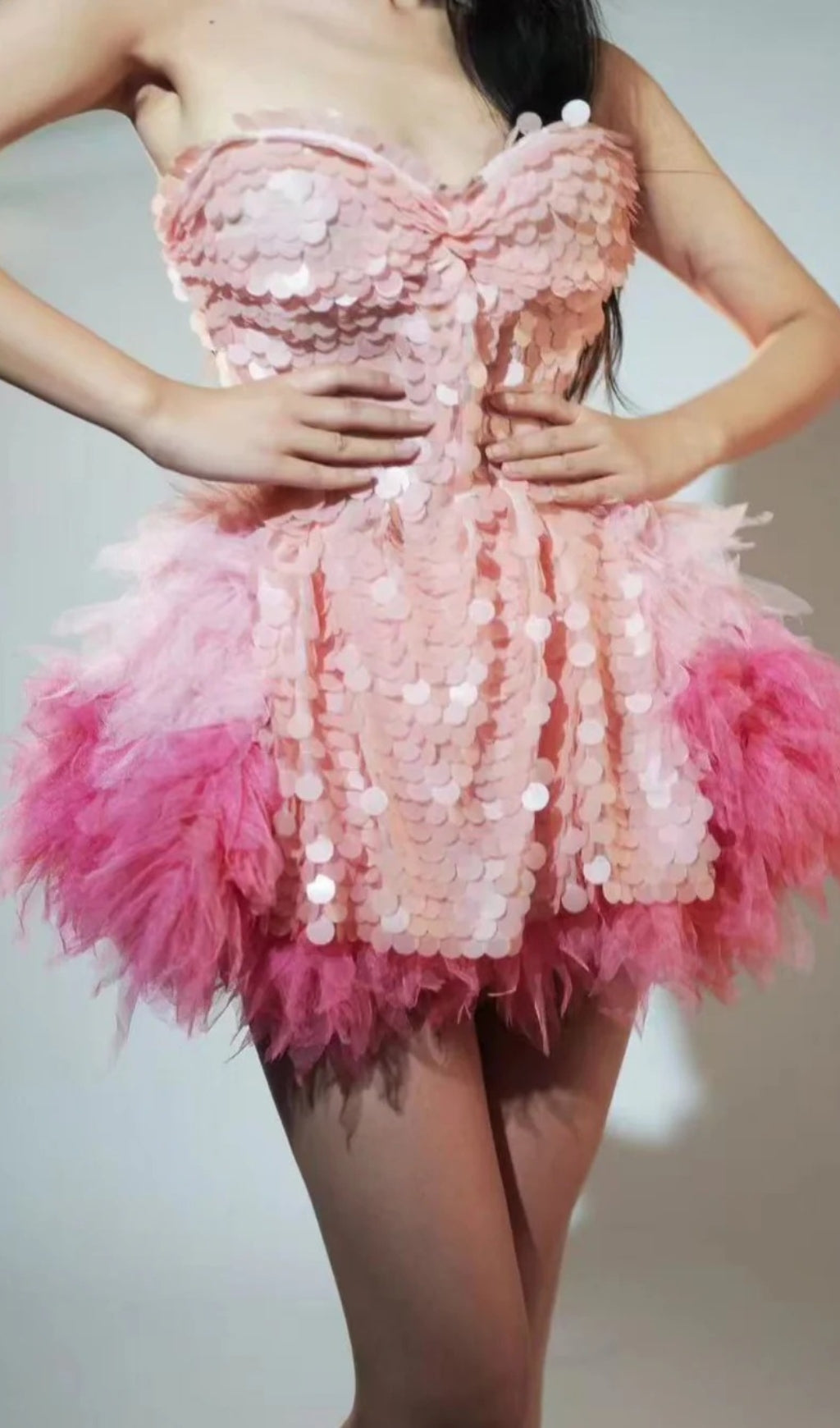 Melina Showstopping Pink Ombre Sequin & Feather Corset Mini Skirt Set