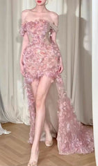 Hernán Enchanting Pink 3D Floral Off-Shoulder High-Low Dress