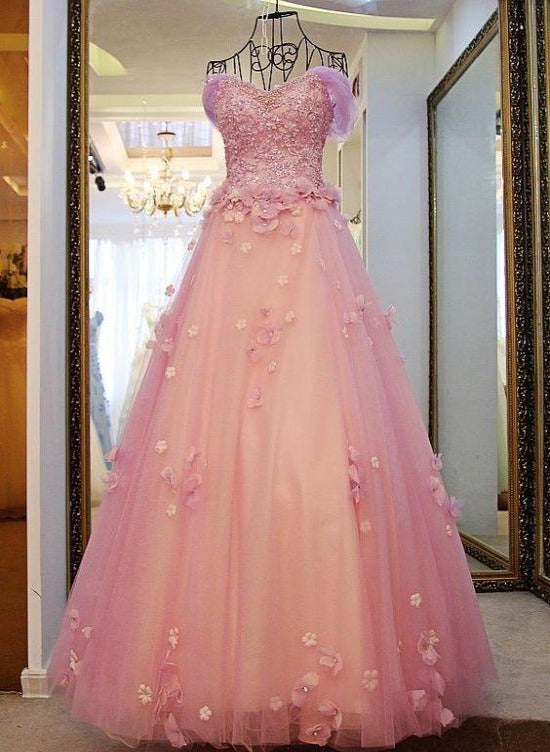 Pink Off Shoulder Lace Applique Tulle Flowers Prom Dress