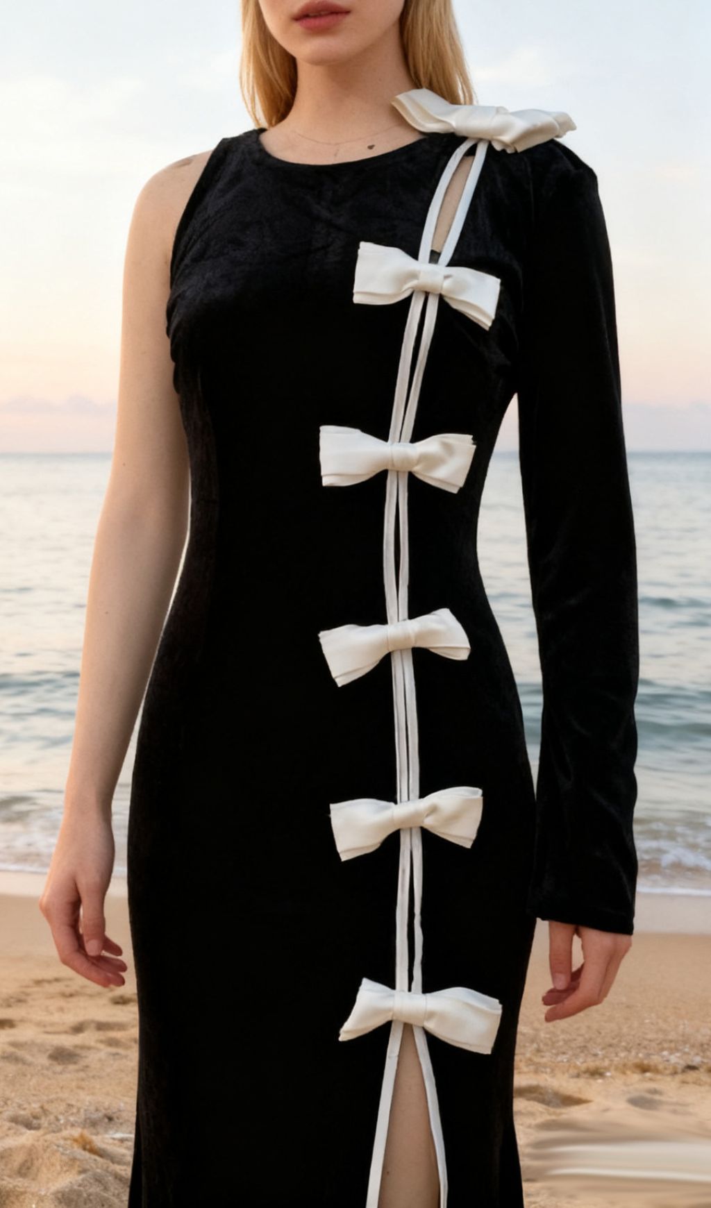 Joyce Black Velvet One-Sleeve Bow Maxi Gown