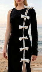 Joyce Black Velvet One-Sleeve Bow Maxi Gown