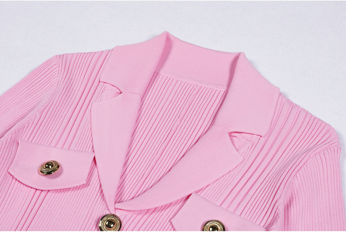 Clidhna Elegant Gold Button Ribbed Knit Midi Dress