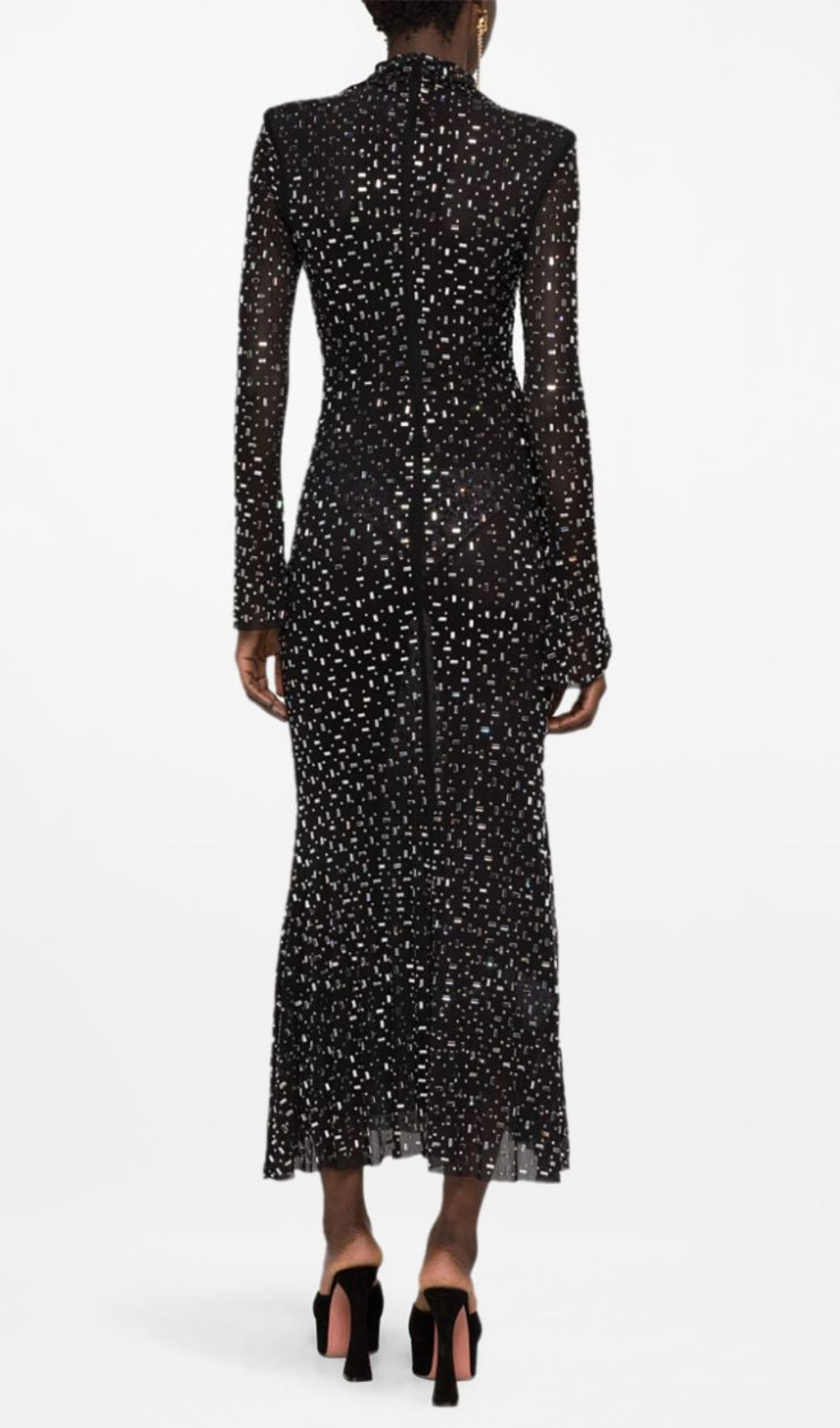 Butrus Dazzling Black Crystal Long Sleeve Maxi Dress