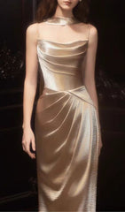 Opulent Champagne Gold Ruched Spaghetti Strap Maxi Gown