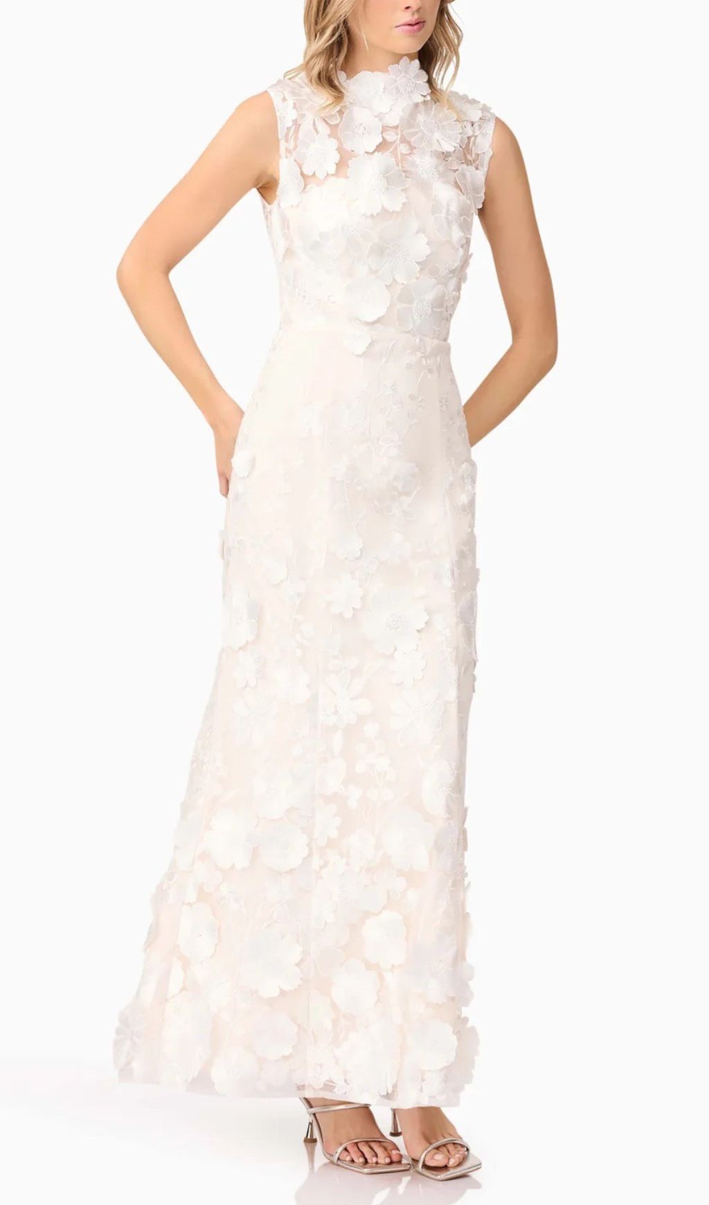 Enora White 3D Floral Appliqu Maxi Dress
